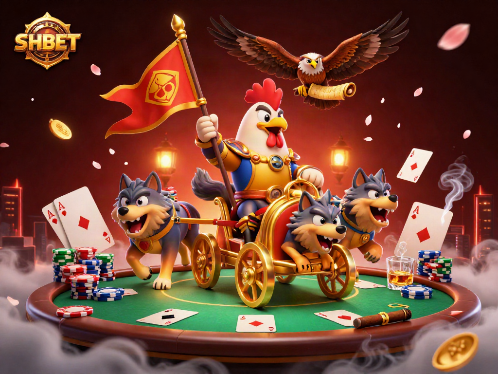 Engage in thrilling gaming with SHBET's rooster warlord illustration featuring dynamic casino elements.