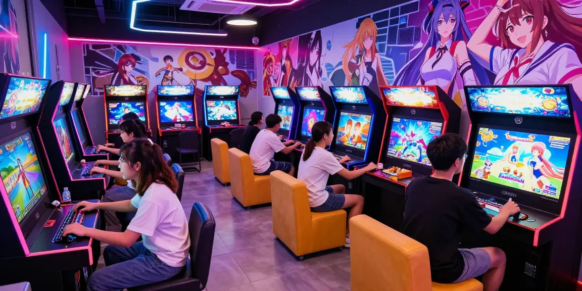 Excited gamers playing a hentai game in a vibrant, neon-lit arcade.