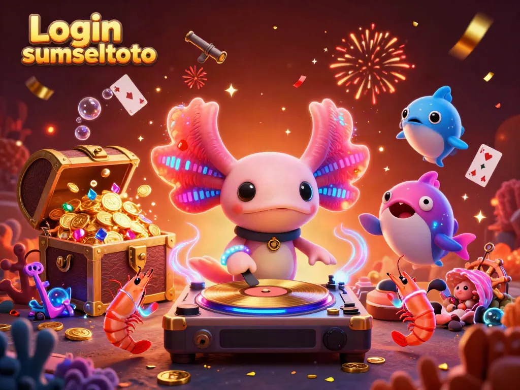 Engage with Login sumseltoto in a vibrant underwater casino scene featuring a DJ axolotl.