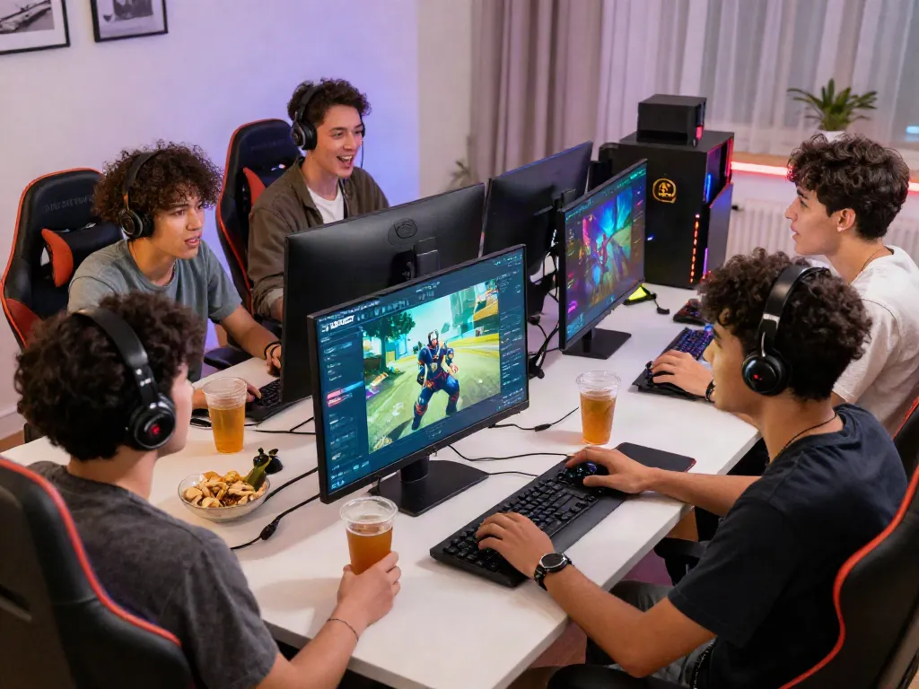 Friends enjoying online gaming on http://debet-onl.com in a vibrant living room setting.