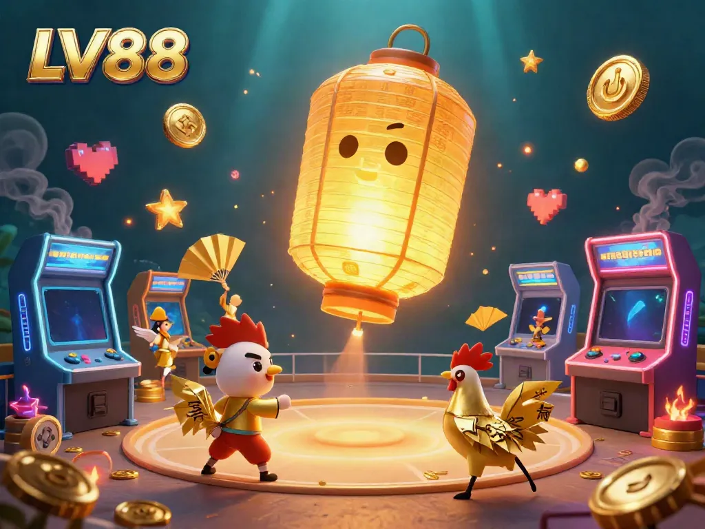 Engage in thrilling cockfighting at LV88's vibrant arena, illuminated by golden elements.