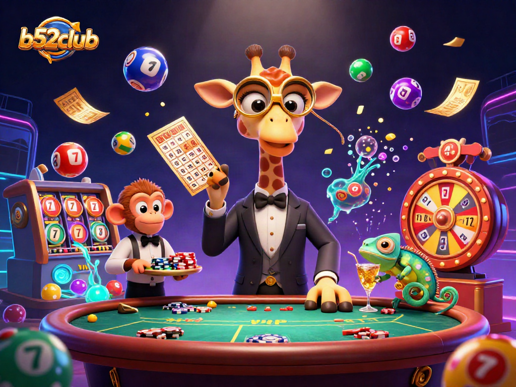 Engage in exciting gaming at b52club featuring a vibrant casino scene with dynamic characters and game elements.