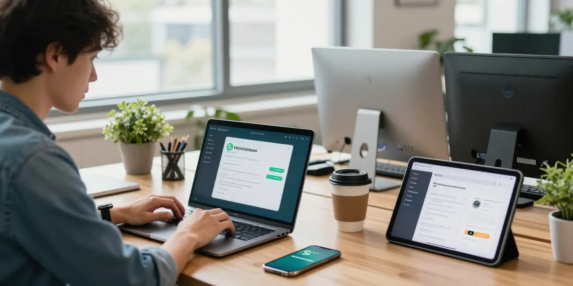 Downloading WhatsApp下載 on a laptop in a modern tech workspace