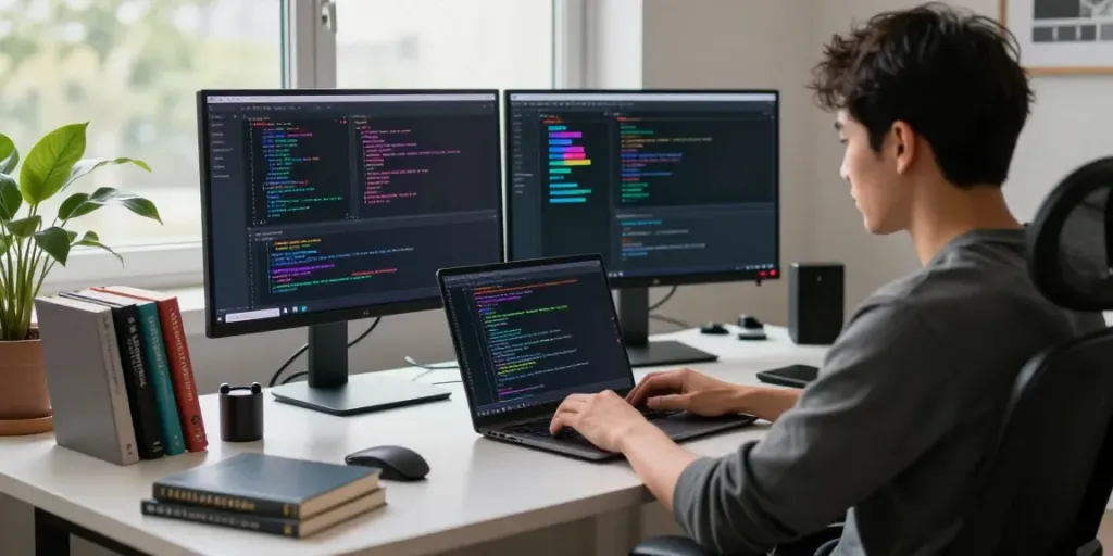 Developer using instant indexing tools at a modern tech workspace.