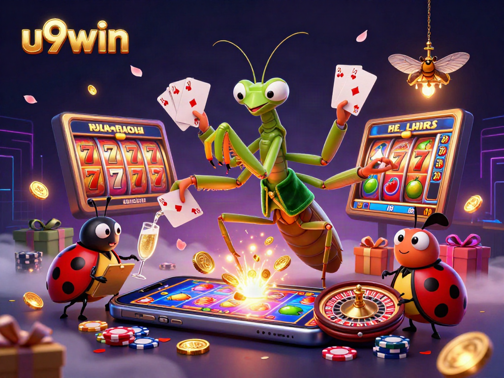 u9win features a vibrant scene with a giant praying mantis card sharp and lively gambling elements.