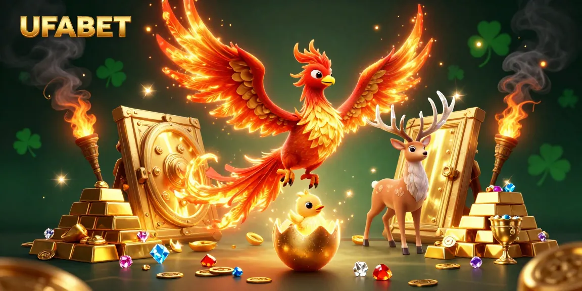 Experience the thrill of UFABET with a vibrant illustration of a phoenix and gemstones in a rich casino setting.