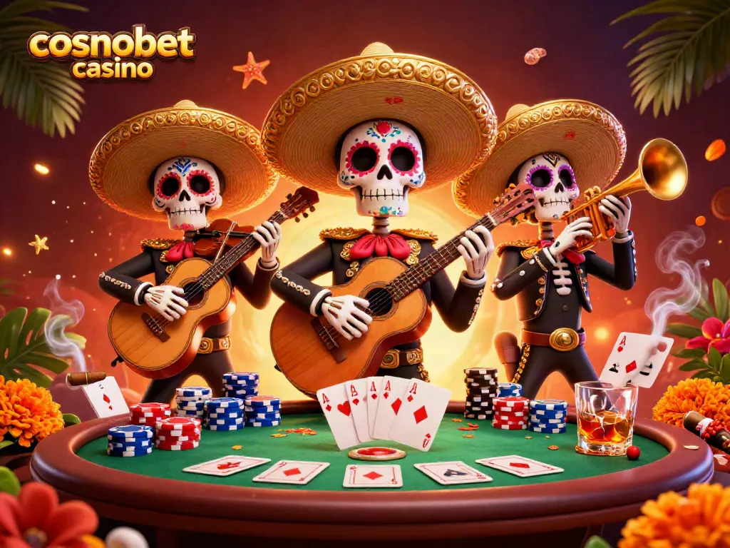 Experience the vibrant atmosphere of cosmobet casino with a lively mariachi band and poker elements.