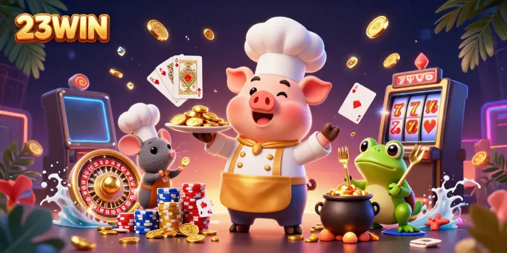 Engage in thrilling gameplay with 23WIN, as characters celebrate with gold coins and casino elements.