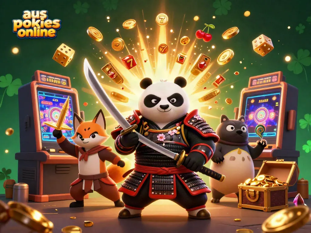 Explore aus pokies online with vibrant 3D characters around a jackpot slot machine bursting coins.