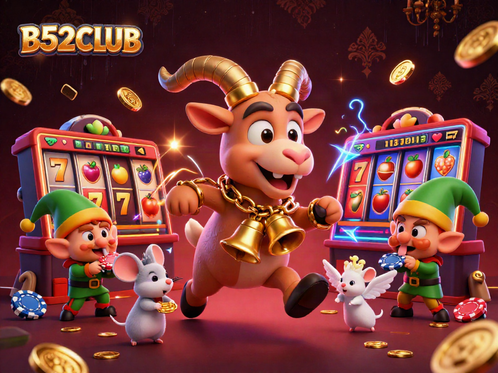 B52CLUB showcases a festive casino scene with Krampus and playful characters in a vibrant 3D illustration.