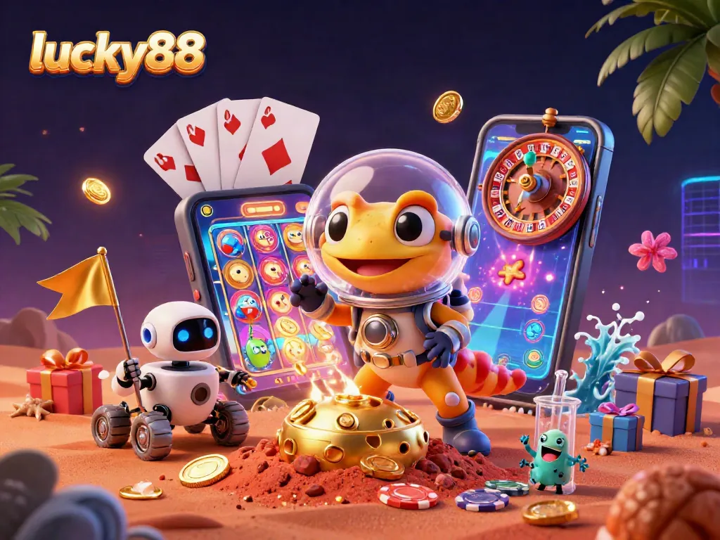 Engage with lucky88 as a 3D Martian gecko discovers a golden casino amidst alien cheer.