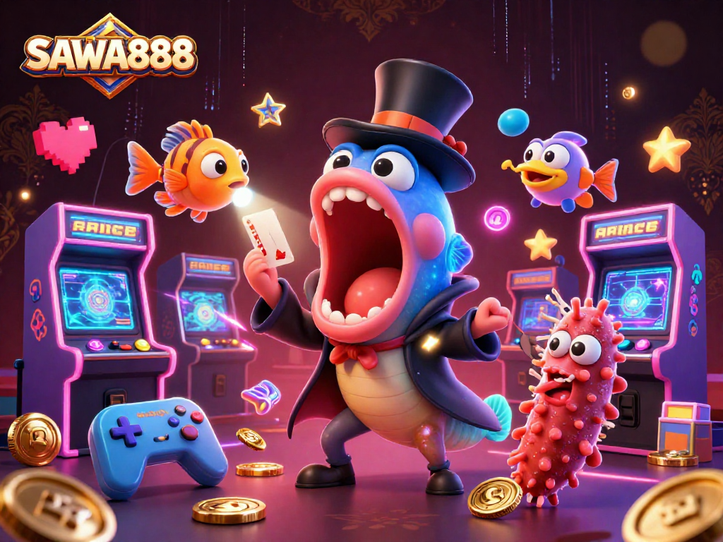 SAWA888 captures exciting casino magic in a vibrant underwater scene with characters and glowing elements.