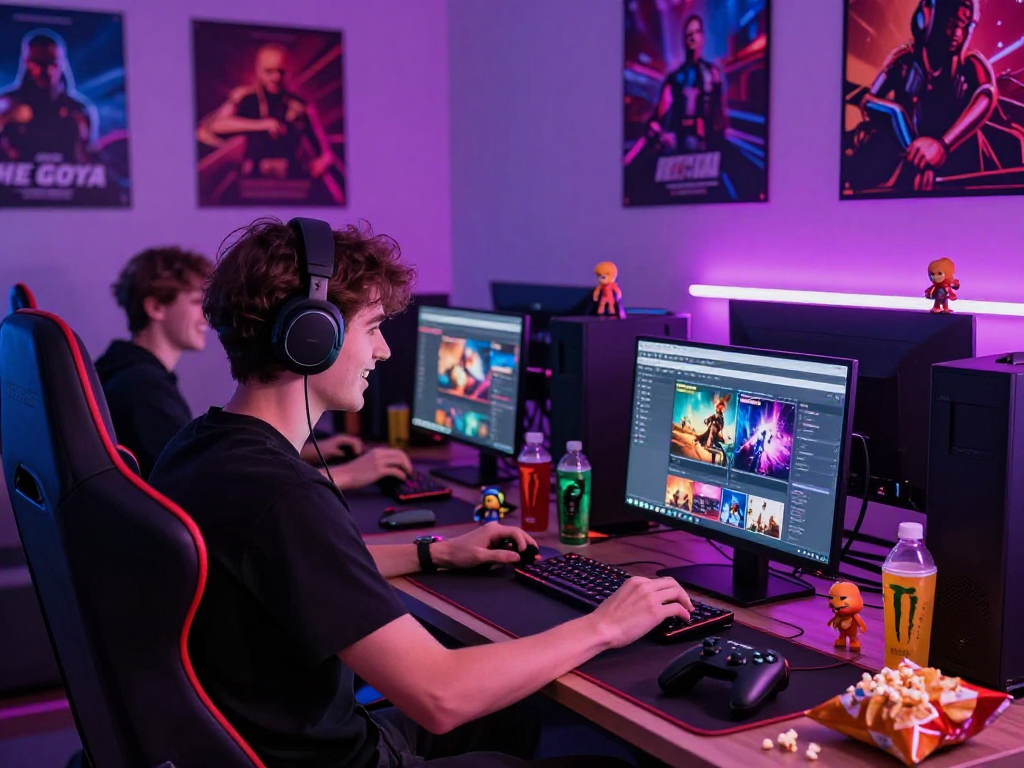 Engaged player enjoying an adult game on laptop in a vibrant gaming setup