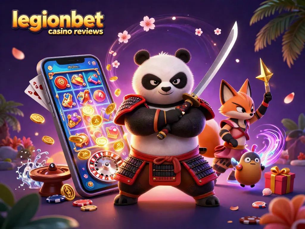 Engage with vibrant legionbet casino reviews in a dynamic 3D illustration featuring samurai panda, ninja fox, and tanuki.