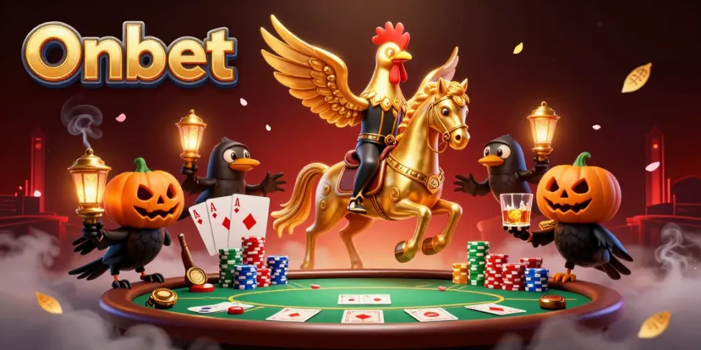 Experience Onbet's golden rooster in a midnight casino with poker action and vibrant details.