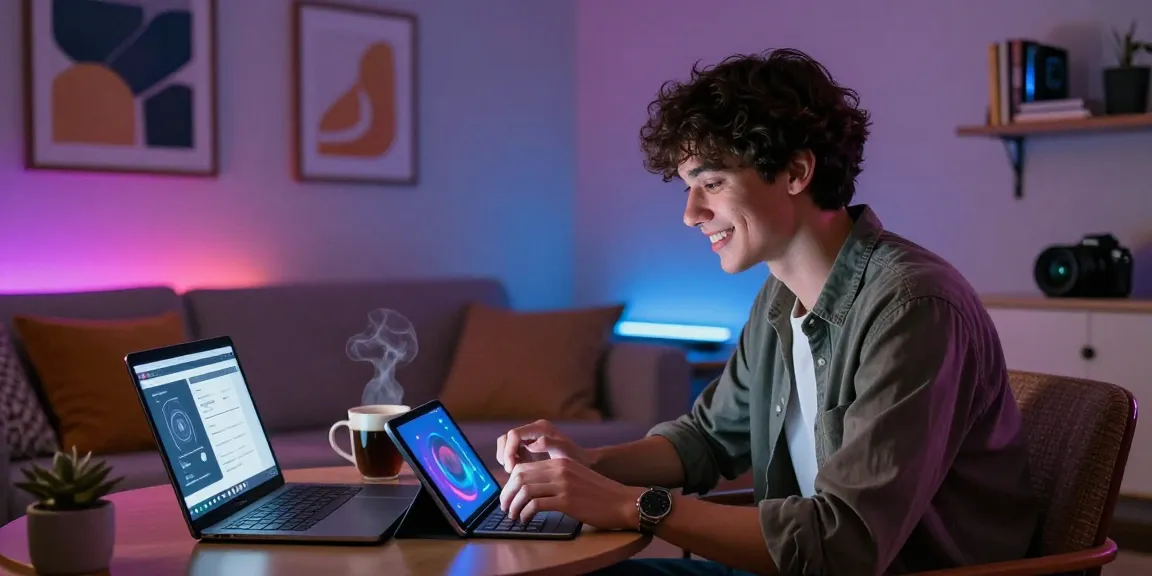 User engaging in ai porn chat on tablet in a cozy home setting, showcasing vibrant ambient lighting and modern decor.