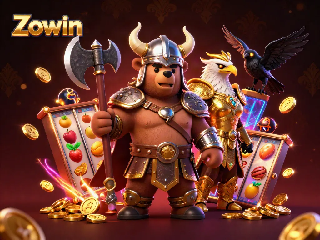 Zowin promotion featuring a Viking bear, Valkyrie eagle, and slot machine elements in a dynamic casino setting.