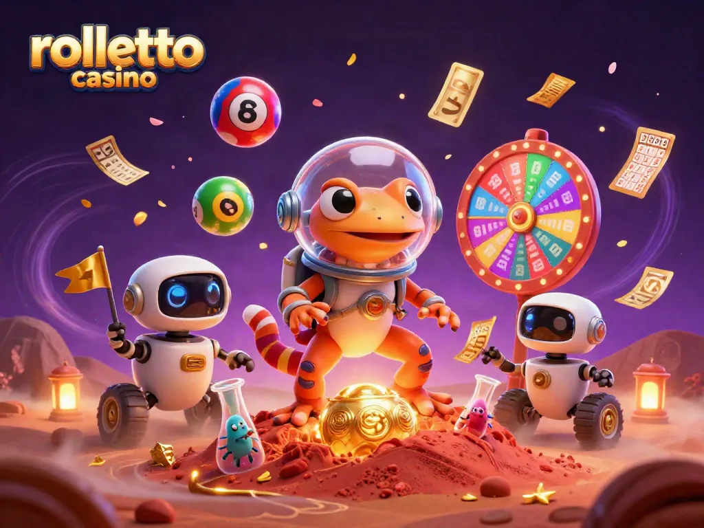 Martian gecko exploring rolletto casino, animated with vibrant casino elements