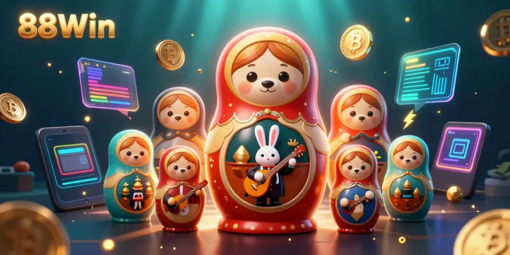 Experience the excitement of 88Win with colorful casino elements and playful characters.