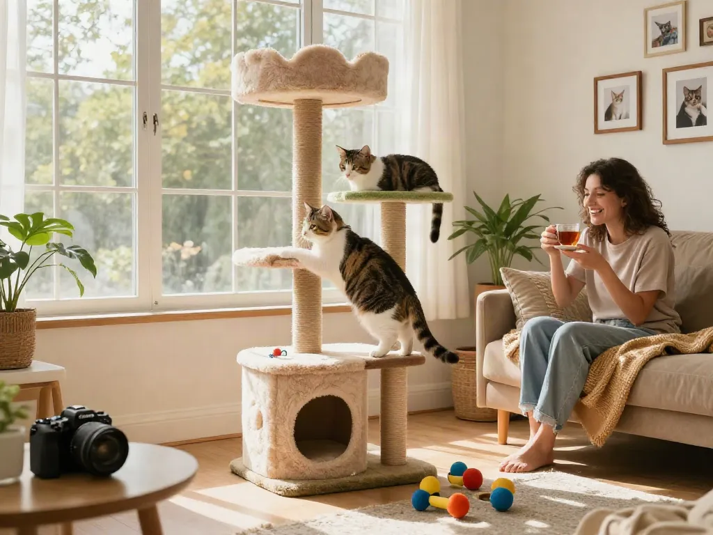 Cat tree in a cozy living room with a playful cat climbing, showcasing comfort and pet interaction.
