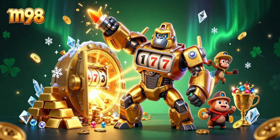 M98 transforms gameplay into excitement with a golden gorilla mech surrounded by riches in a casino setting.