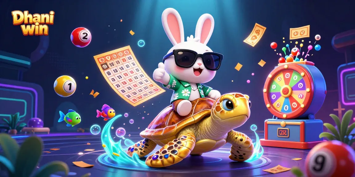 Dhani win electrifies players with a vibrant scene of lottery excitement featuring a lucky rabbit and golden sea turtle amidst dynamic game elements.