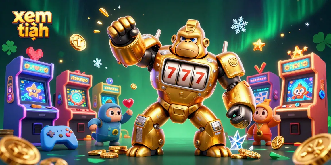 Experience exciting gameplay with our dynamic casino scene, featuring "xem thêm" as golden gorilla mech and arcade elements.