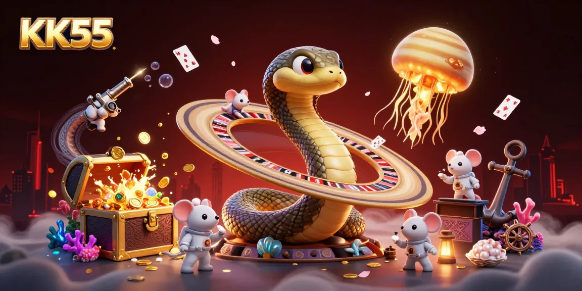 Experience thrilling games at KK55 with the cosmic dealer as colorful characters interact in vibrant 3D.