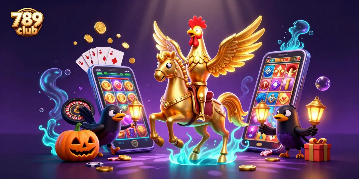 Engage in thrilling games at 789 club with a golden rooster and magical casino elements.