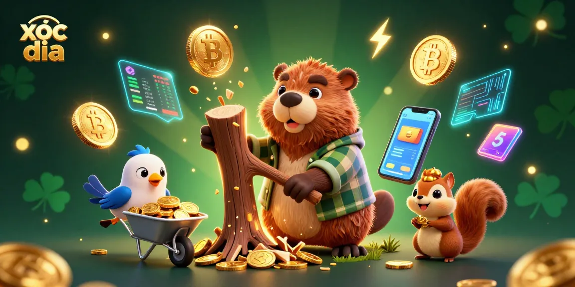 Engage in xoc dia gameplay with interactive characters collecting coins amidst a vibrant casino backdrop.