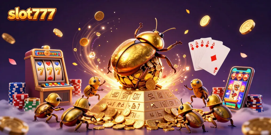 Spin the reels at slot777 with golden beetles and cash prizes in this vibrant casino scene.