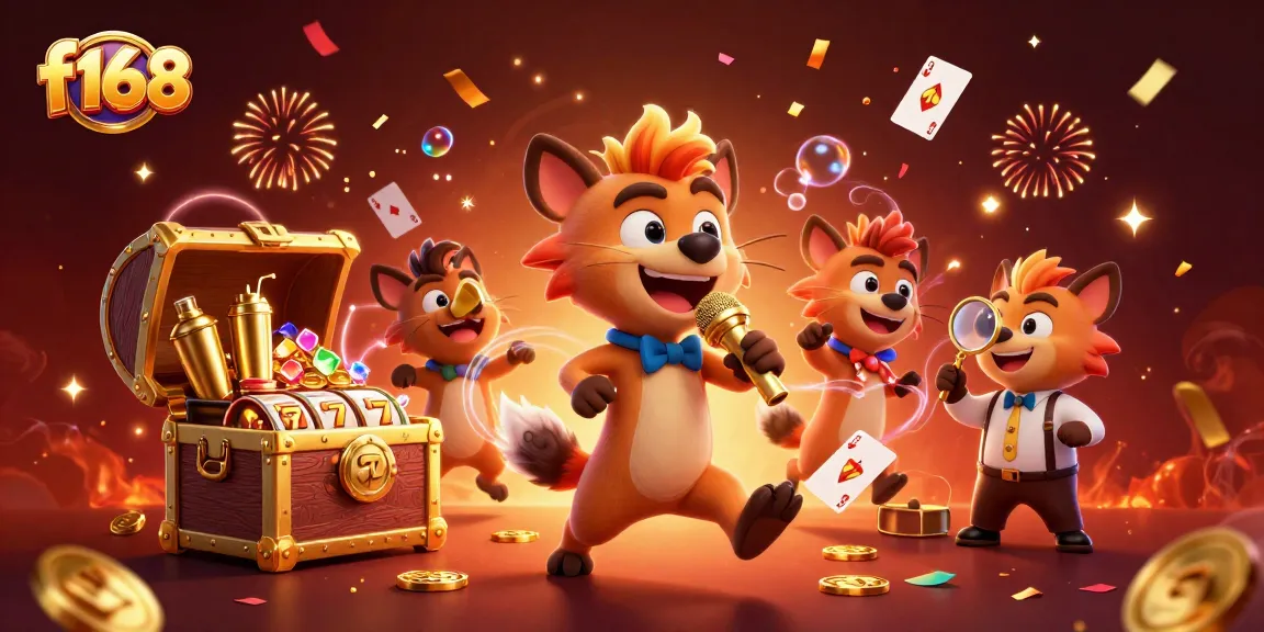 Experience the energetic atmosphere of f168's comedy casino with lively characters and vibrant slot elements.
