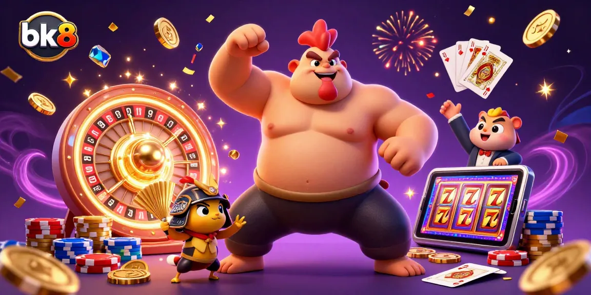 Experience vibrant gaming action with bk8 featuring a powerful sumo rooster, fierce cricket, and colorful casino elements.