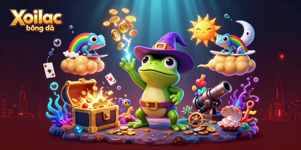 Xoilac bóng đá shows a wizard frog and chameleon celebrating wins with golden coins in a vibrant casino scene.