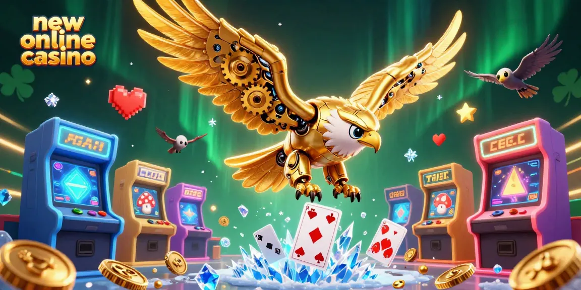 Spin to win at new online casino, featuring a golden eagle soaring amid 3D gaming elements.