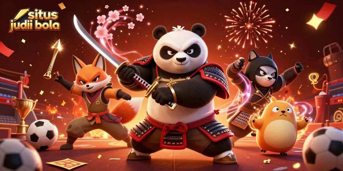 Engage in situs judi bola with a dynamic scene of samurai and ninja characters celebrating the thrill of sports betting.