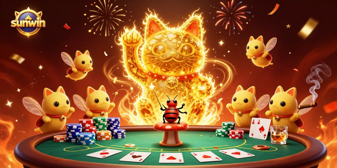 Experience the thrill of sunwin with the golden lucky cat and vibrant casino energy!